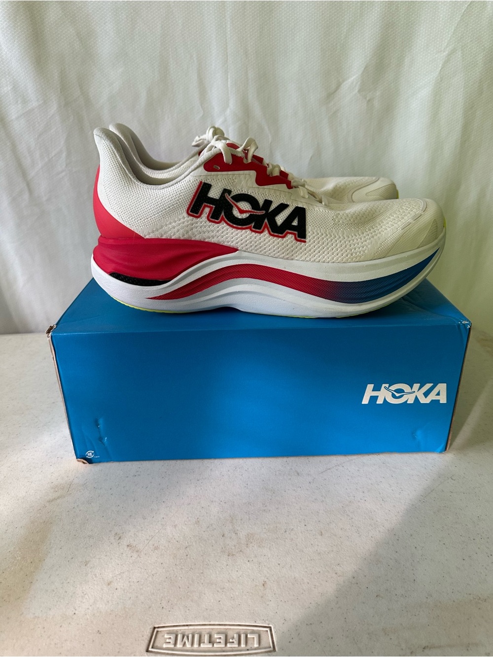 HOKA Skyward X Mens 12D Running Shoes White Blue Red Carbon Trainer Sneaker